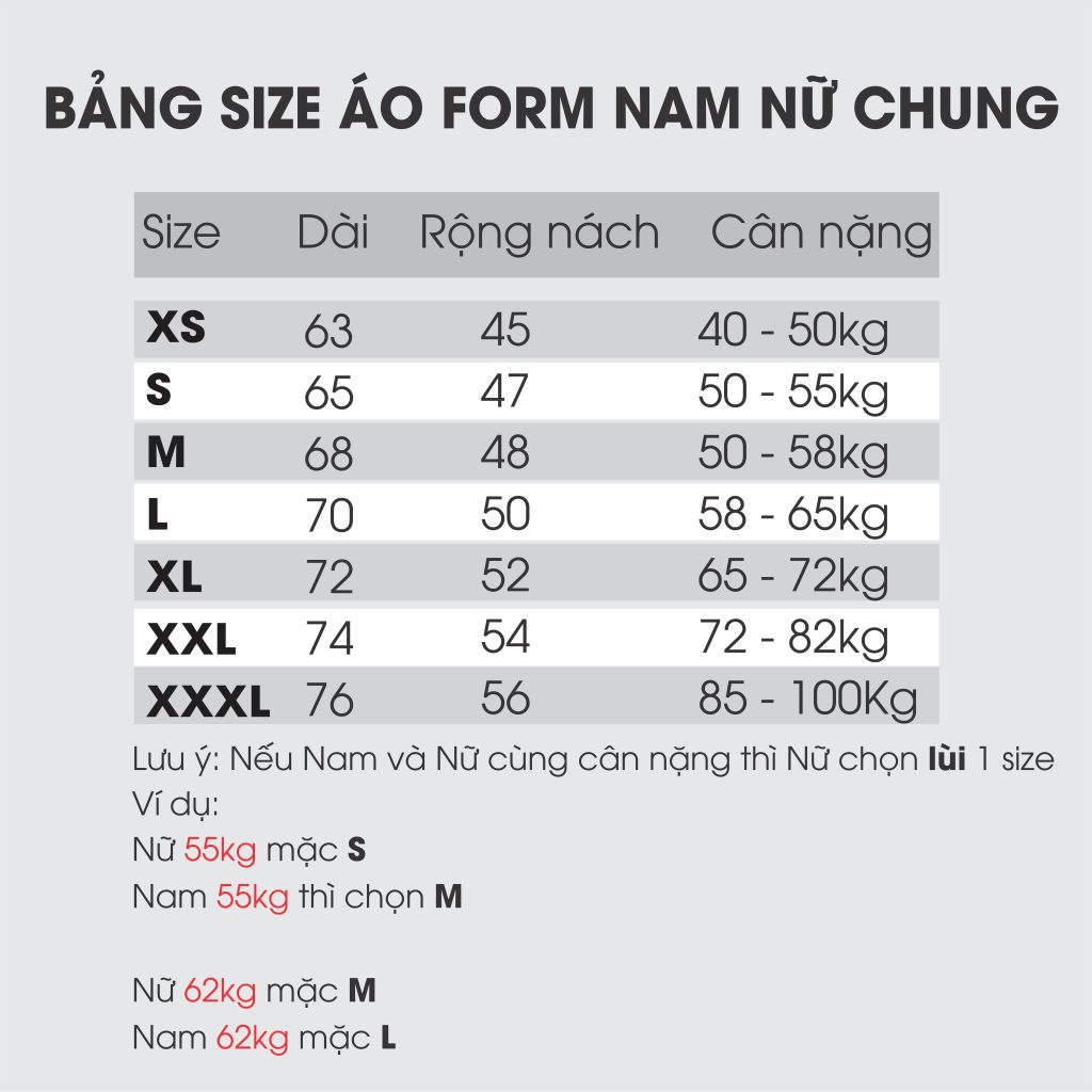 BẢNG SIZE ÁO THUN CHUNG