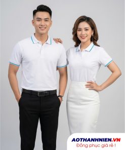 Áo đồng phục trắng phối sọc xanh vải poly thái