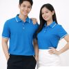 áo đồng phục polo màu xanh phối sọc trắng vải poly