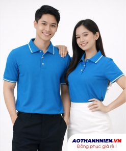 áo đồng phục polo màu xanh phối sọc trắng vải poly