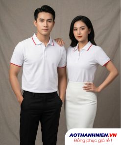 Áo thun đồng phục màu trắng phối sọc đỏ